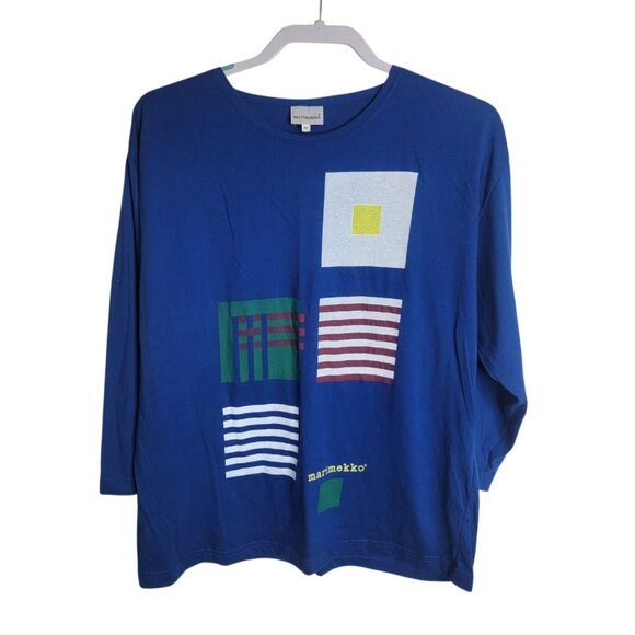 Marimekko Vintage RARE 3/4 Sleeve Blue Block Print Tshirt Tee Artsy Boho Unique - Picture 1 of 6